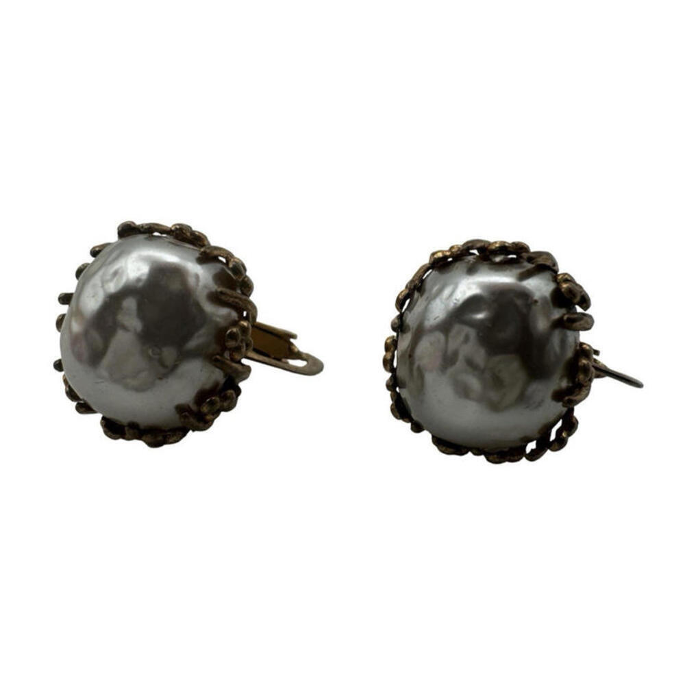 Miriam Haskell Vintage Signed Earrings Faux Pearl Rhinestone Gold Tone